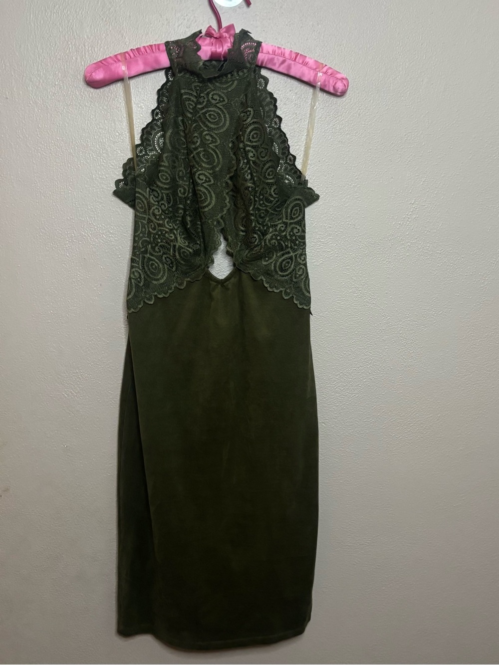 ✨ Y2K Cherry Mellow olive green lace bodycon midi dress size L dark feminine